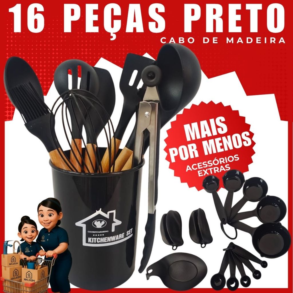 Kit 15 Utensílios De Cozinha Silicone Preto Cabo Madeira Antiaderente Luxo Completo Resistente Moderno