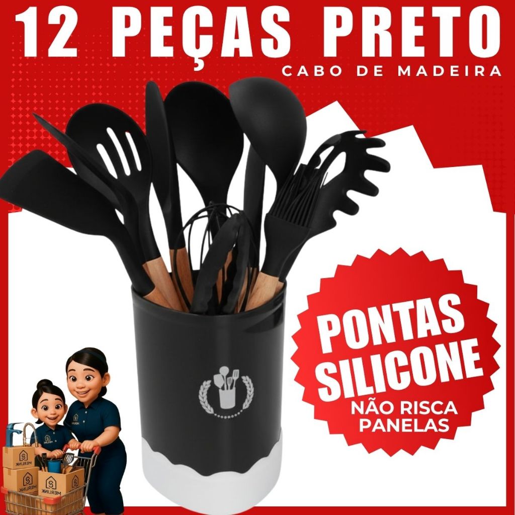 Kit Utensílios De Cozinha 12 Peças Silicone Preto Luxo Cabo Madeira Antiaderente Durável em Oferta na Shopee
