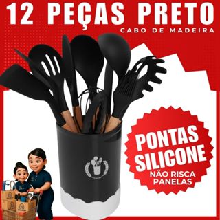 Kit Utensílios De Cozinha 12 Peças Silicone Preto Luxo Cabo Madeira Antiaderente Durável em Oferta na Shopee