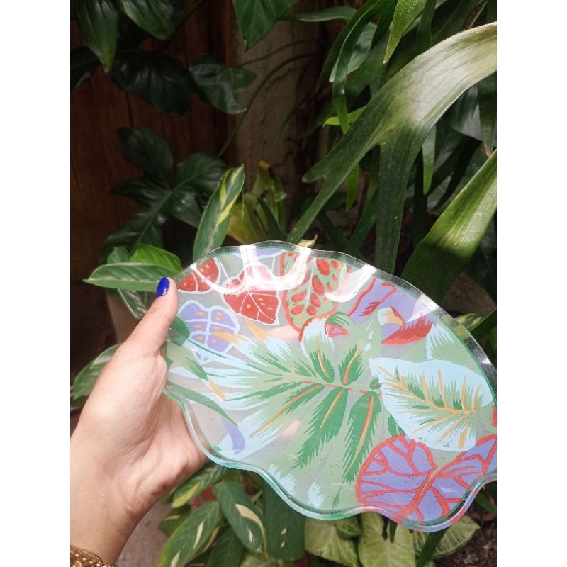 Bandeja Antiga Decorativa Em Vidro Folhagem Tropical 18 CM | Antiquário