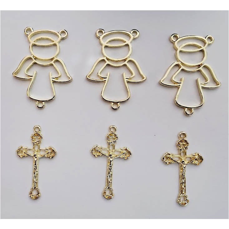 Kit para montagem de terço / entremeio de anjo e pingente de cruz - 10 un entremeio + 10 un  Crucifixo