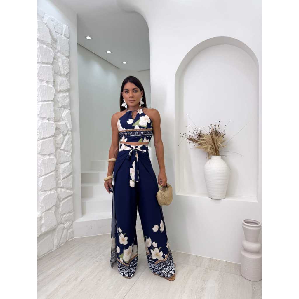 Conjunto Calça Envelope Viscose Sarjado com Bojo Estampado