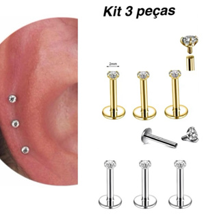 Kit 3 Piercings labret ponto de luz zicornia dourado helix/anti tragus/lombulo Aço cirúrgico rosca interna em Oferta na Shopee