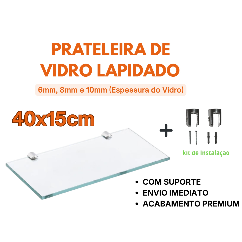 Prateleira Vidro 40×15cm Lapidado Resistente Com Suporte | Banheiro Porta Shampoo Temperos Cosmético