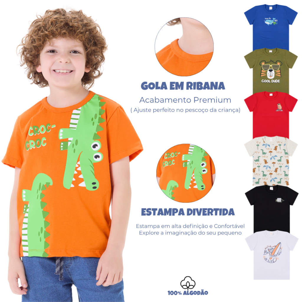 Kit 4 Camisetas Manga Curta Infantil Menino em Meia Malha Estampada 2 ao 8 anos em Oferta na Shopee