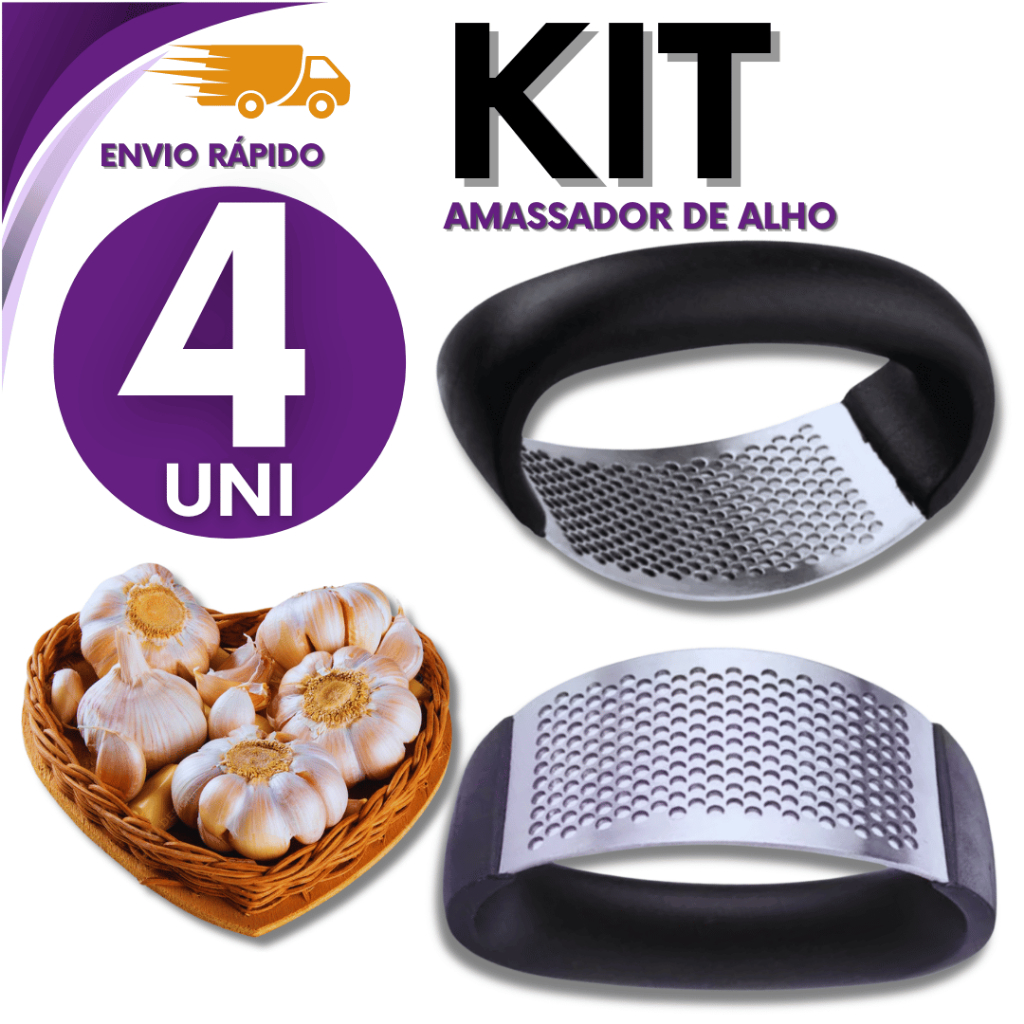 Conjunto 04 Unidades - Triturador Espremedor Amassador De Alho Inox Manual A Pressão Casa Cozinha Culinária Perfeita
