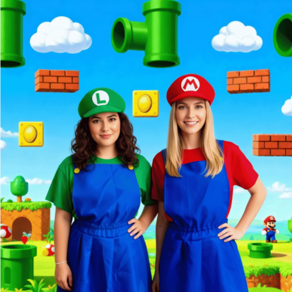 Fantasia Jardineira Mario Bros ou  Luigi Feminina Vermelha Verde Adulto + Quepe Premium Entrega FULL