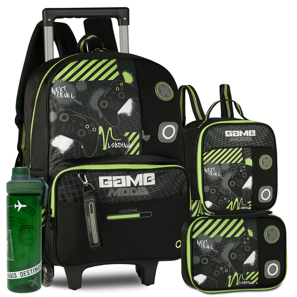 Kit Mochila Gamer Escolar Meninos Rodinhas Video Game Meninos Carrinho Escolar Pro