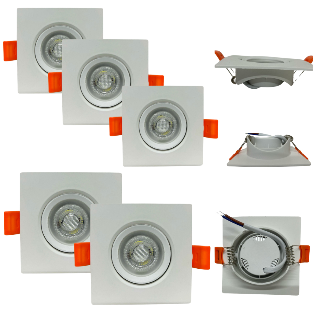 Kit 5 Luminária Spot Led 5w Embutir Quadrado 9x9cm Direcionável Frio 6500K ou Quente 3000K Bivolt Teto Sanca