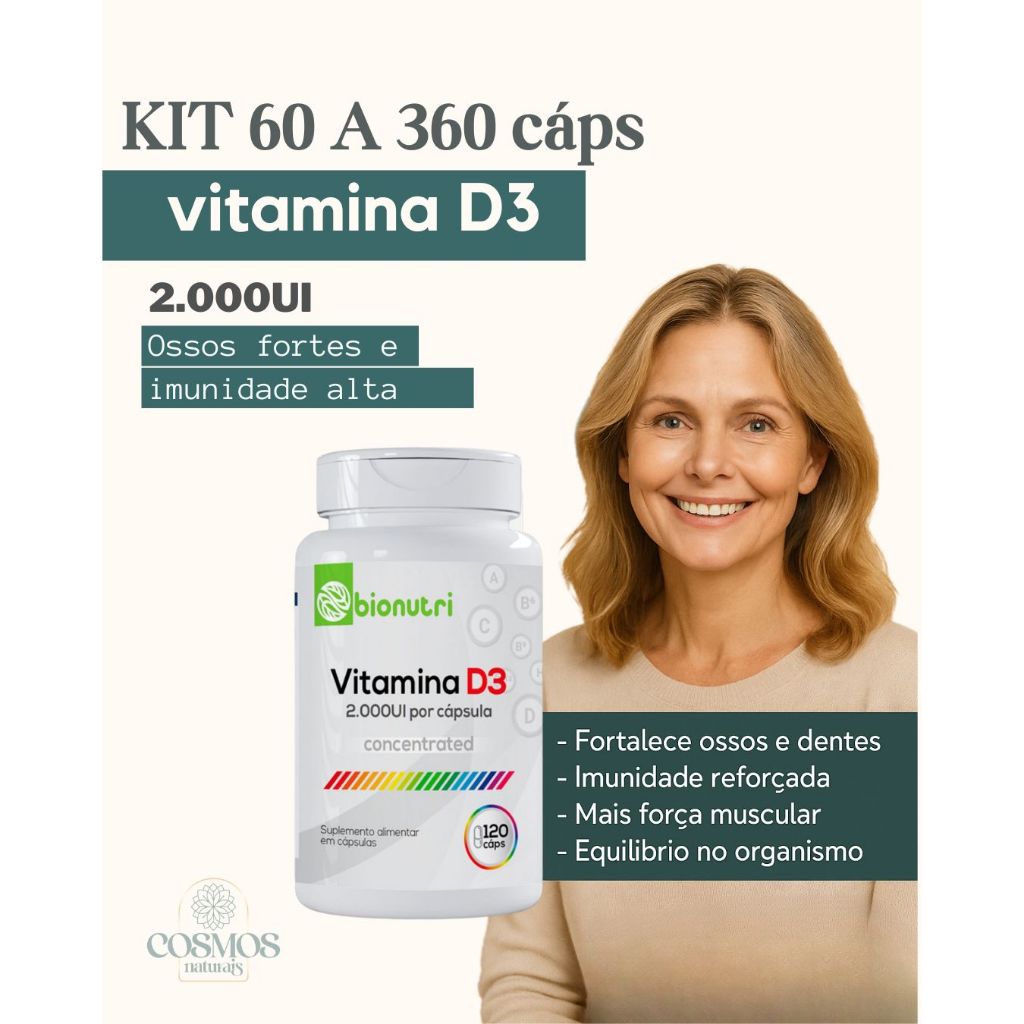 kit Vitamina D3 60 a 360 Cáps Suplemento Alimentar Bionutri em Oferta na Shopee