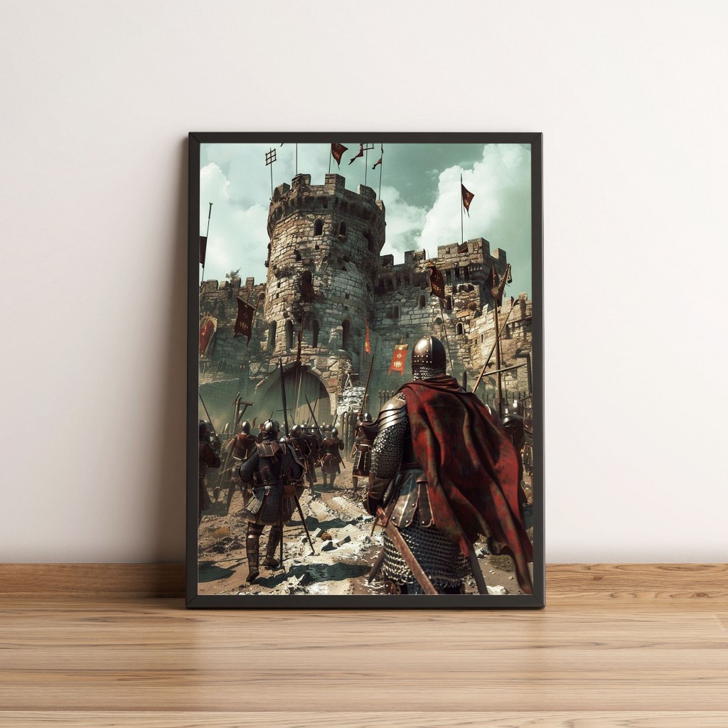 Quadro Batalha Medieval no Castelo em Alta Arte 3625