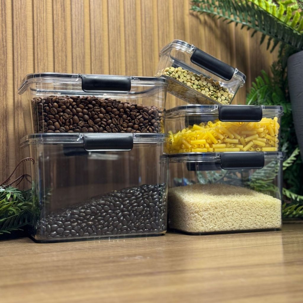 Conjunto de 5 Potes Herméticos em Acrílico Cristal com Trava e Design Empilhável - Organizador para Mantimentos