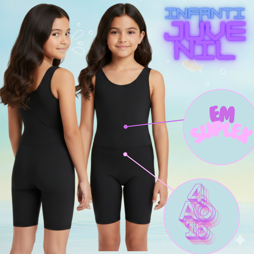 Maio Infantil Feminino Macaquinho Juvenil Para Natação e Hidroginástica com Faixa Lateral + TOUCA- Moda Praia