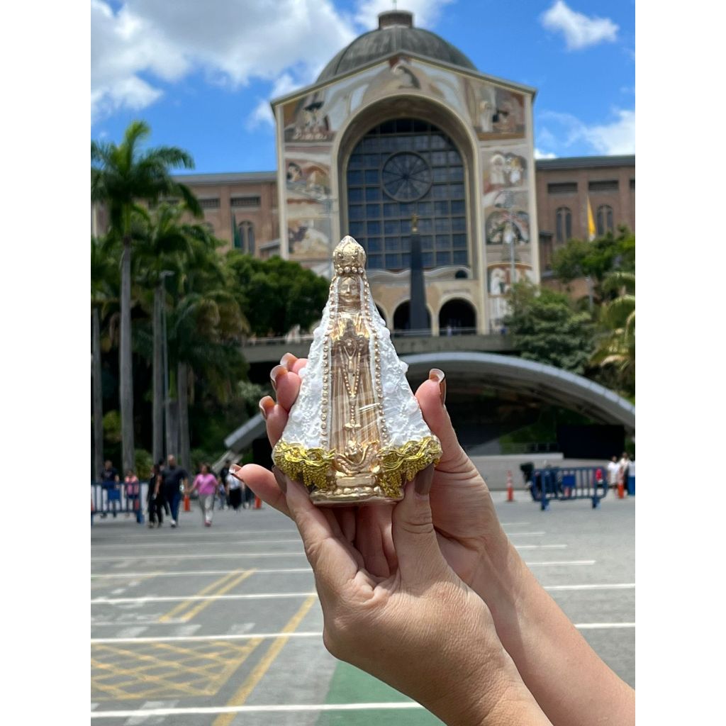 Imagem Nossa Senhora Aparecida Italiana Branca 13,5cm Gesso Premium Pintado dourada