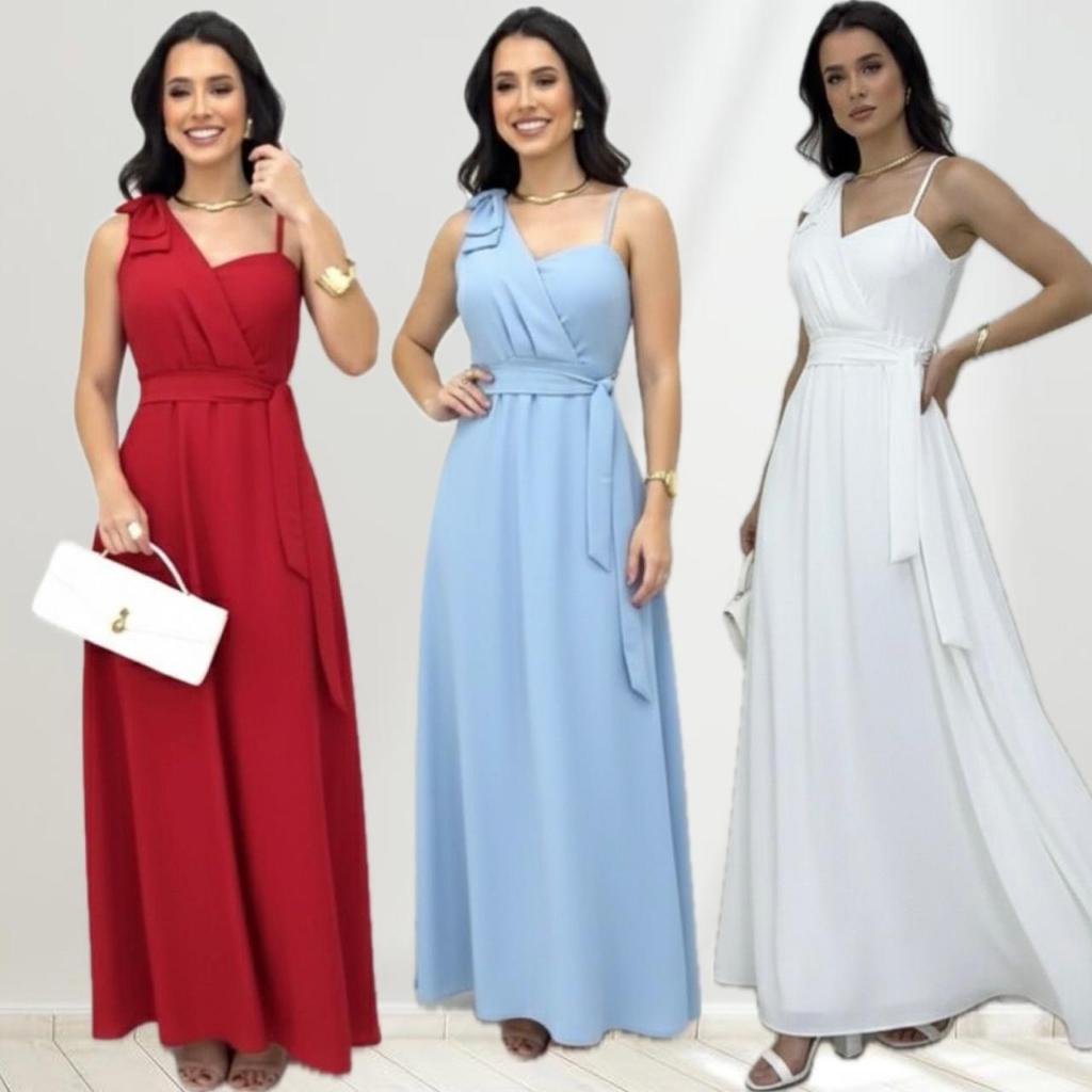 Vestido Feminino Longo Tesido Linho Duna con laço no ombro único,alças regulável , cinto, forro e bojo.