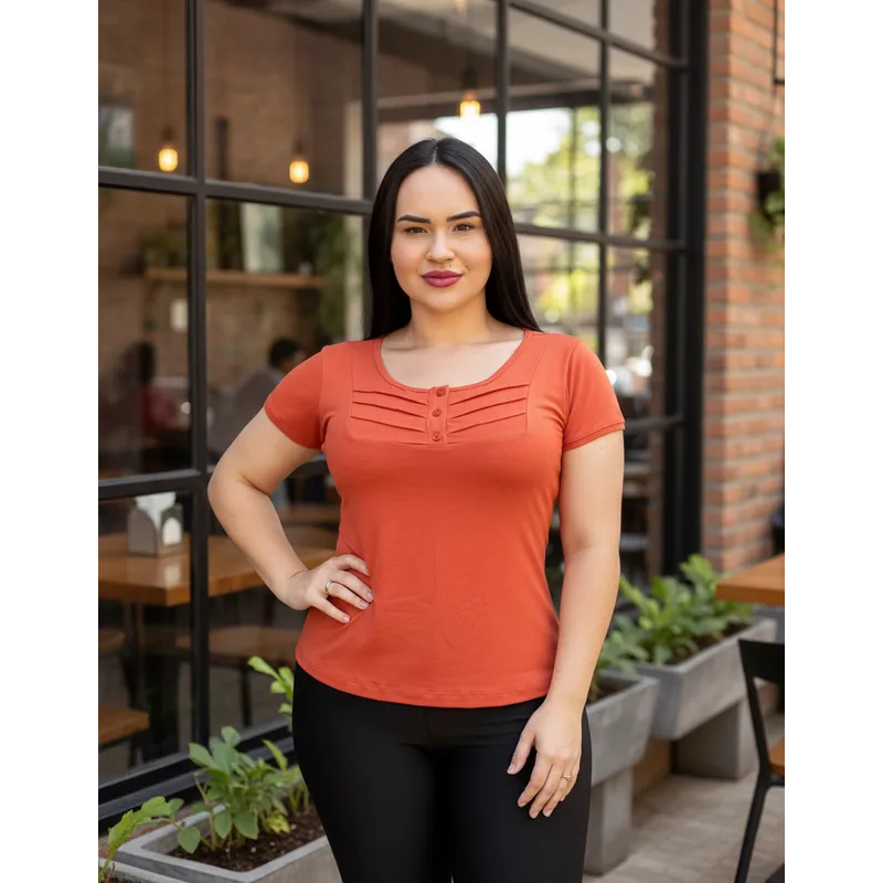 Blusa Plus-Size casual, Camiseta feminina Manga curta, malha viscolaycra, bata, com detalhe de botão