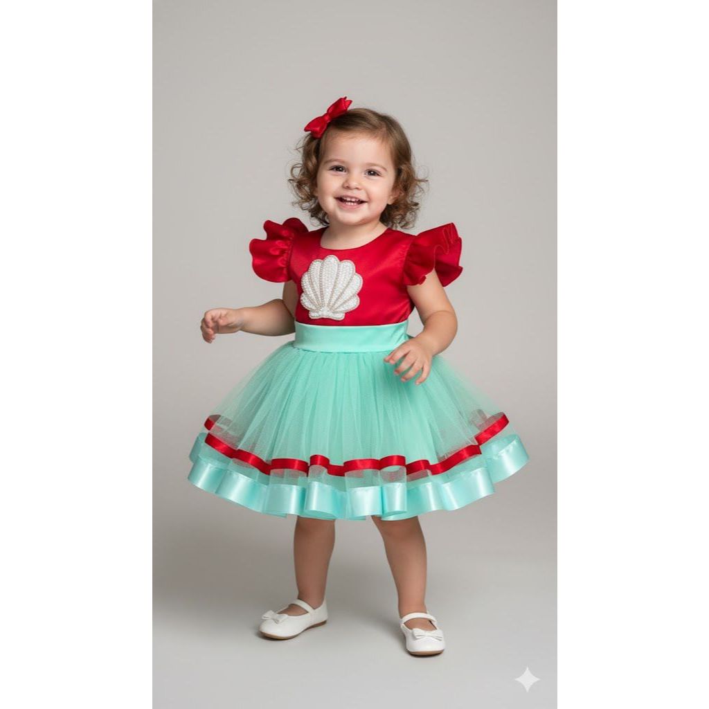 Vestido menina princesa sereia fundo do mar com perolas festa aniversario mesversario luxo promoção