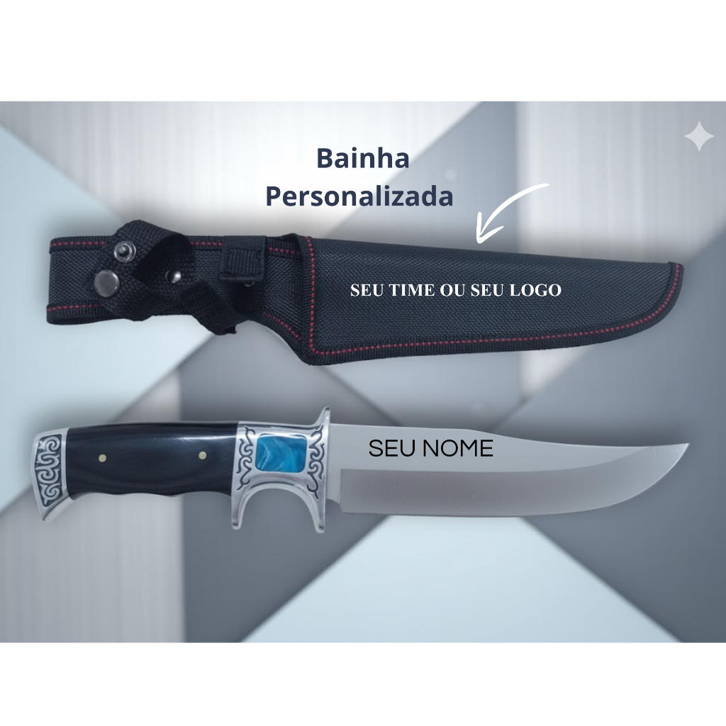 FACA INOX  BAINHA PERSONALIZADA GRAVAÇÃO DUPLA (FACA / BAINHA) FULTANG PESCA AFIADA