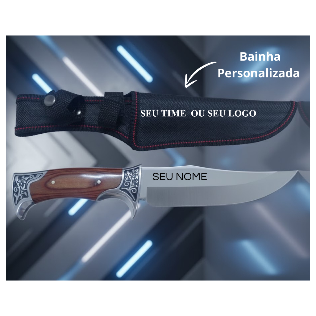 FACA INOX PERSONALIZADA GRAVAÇÃO DUPLA (FACA / BAINHA) FULTANG PESCA AFIADA