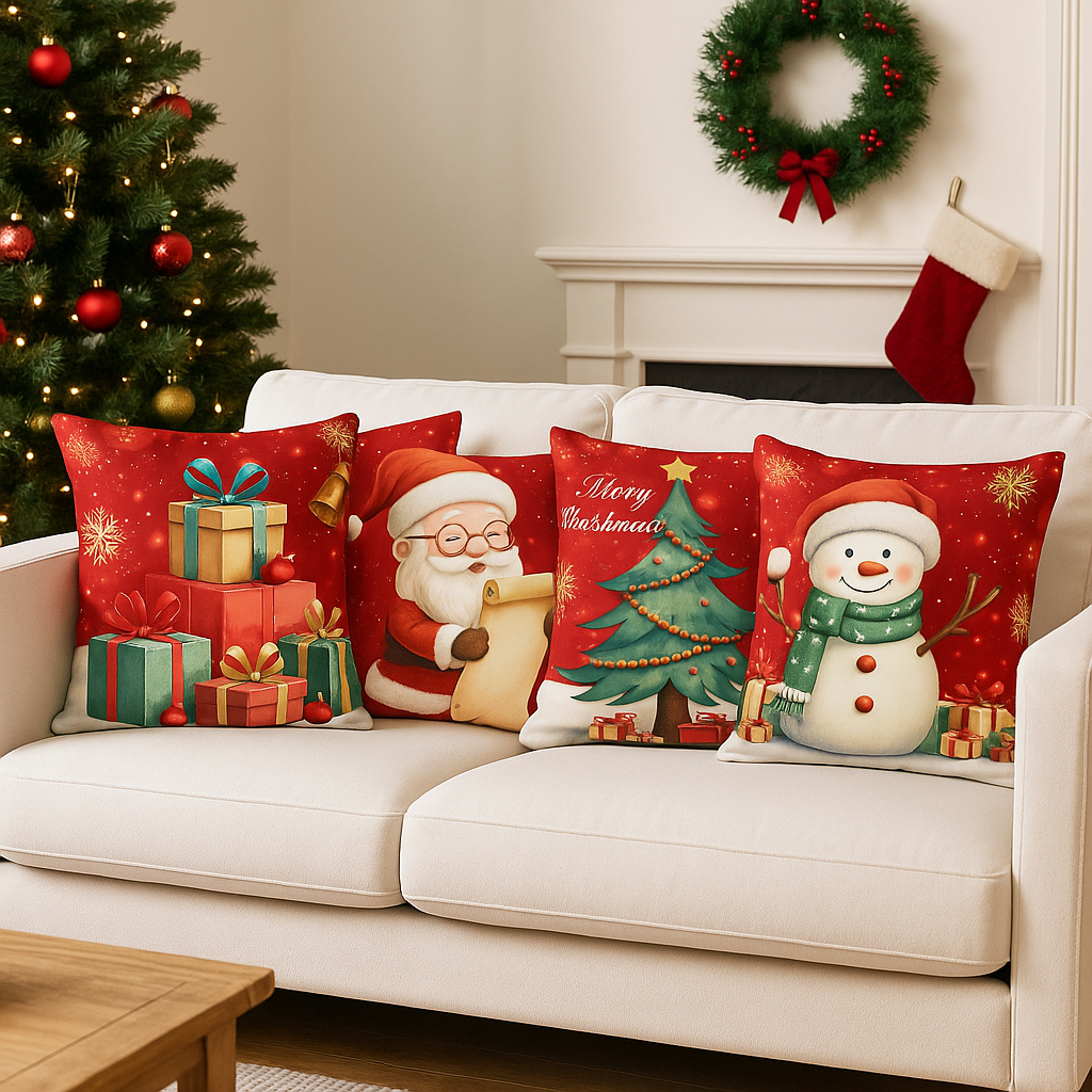 Kit Com 04 Capas De Almofadas Natalinas/Natal  Decorativas 45x45 Em Oxford MODELO 2