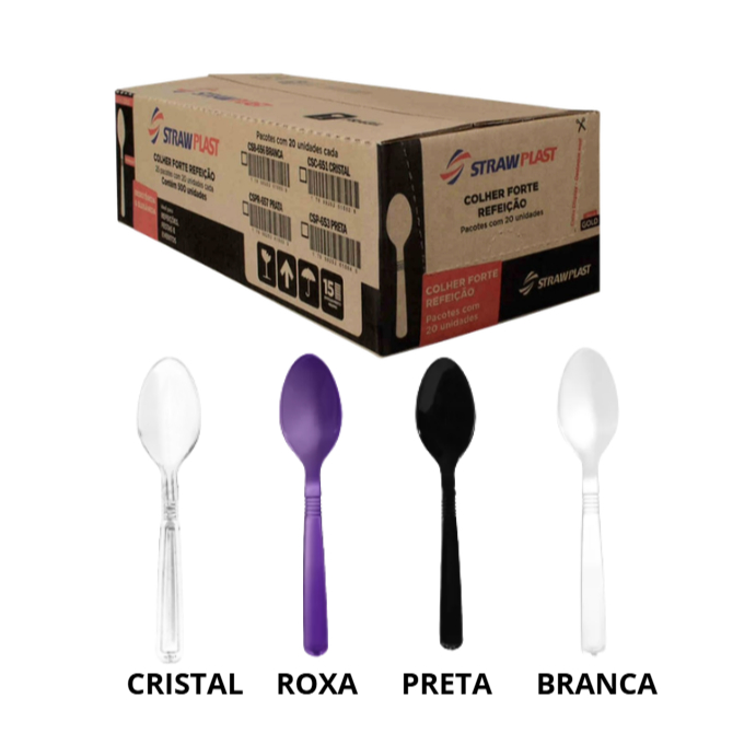 Colher Forte Descartável Reforçada 500~1000 Unidades Cristal Branca Preta Roxa