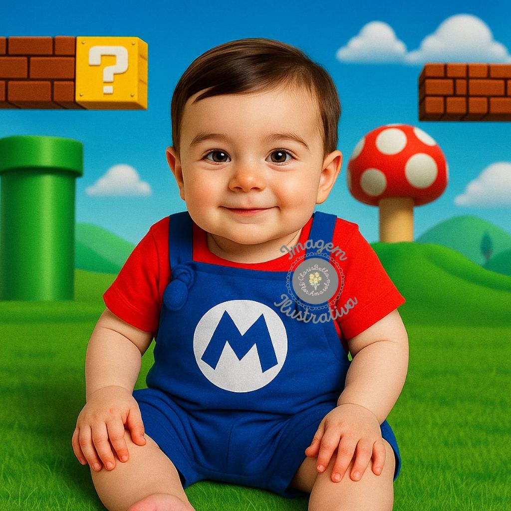 Jardineira Camiseta Conjunto Bebê Menino Temático Mesversário Super Mario Algodão 3 a 6 meses
