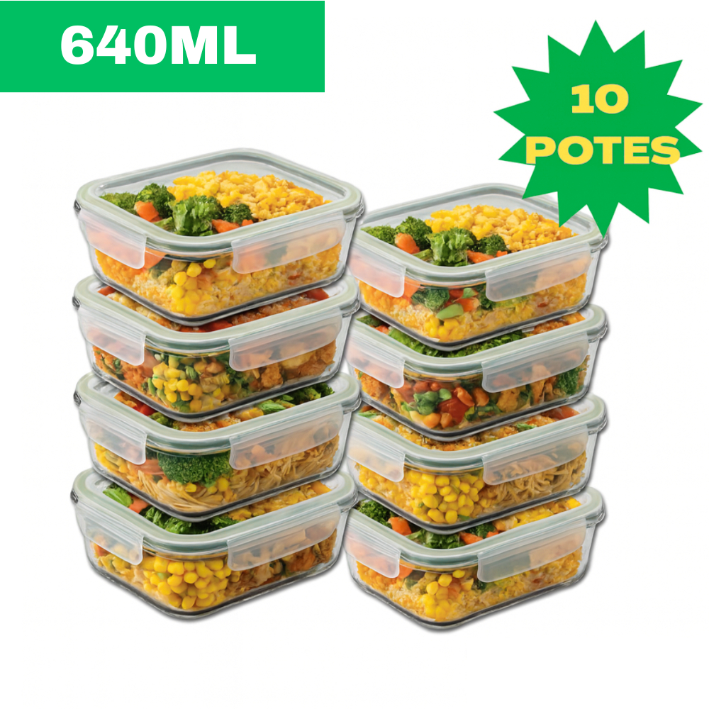 10 Potes de Vidro 640ml Hermético Marmita Fit com Tampa 4 Travas