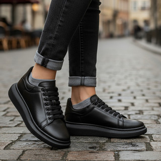 Tenis Sneaker Sola Alta Oversize Branco e Preto Couro Confortavel e Leve Estilo Maqueen