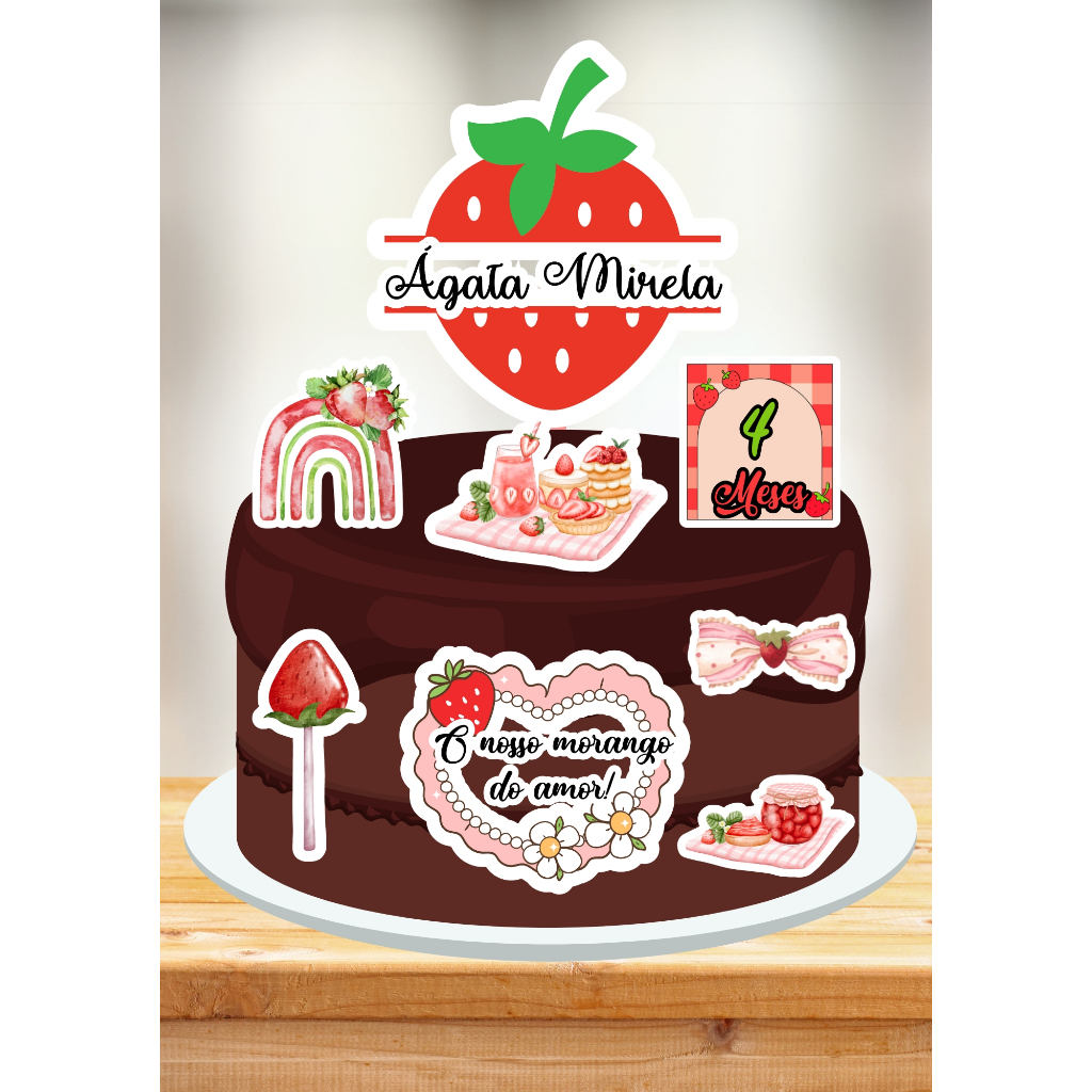 🍓 Topo de Bolo Moranguinho Fresa Strawberry Personalizado | Mesversário/Aniversário | "Nosso Morango do Amor" Morango