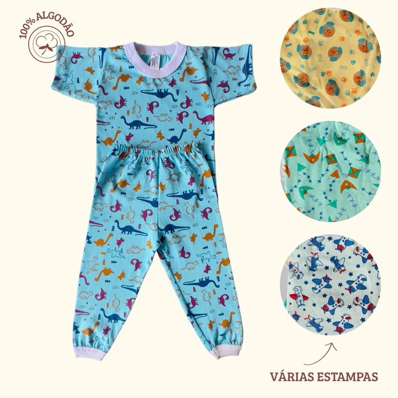 Pijama Infantil Menino 100% Algodão | Conjunto Camisa manga curta e Calça  | Estampas Divertidas e variadas em Oferta na Shopee