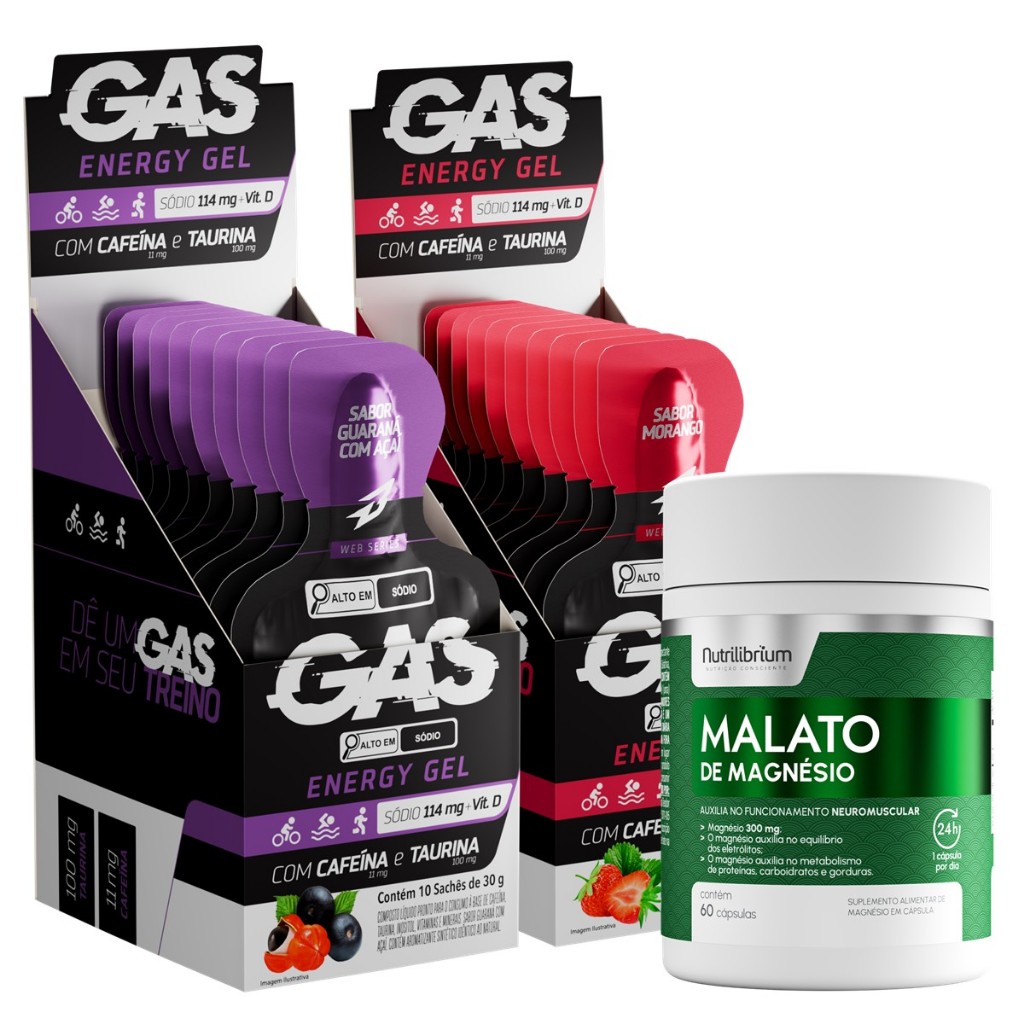 Kit 2x Gas Energy Gel Energético 20 Sachês + Malato De Magnésio 60 caps