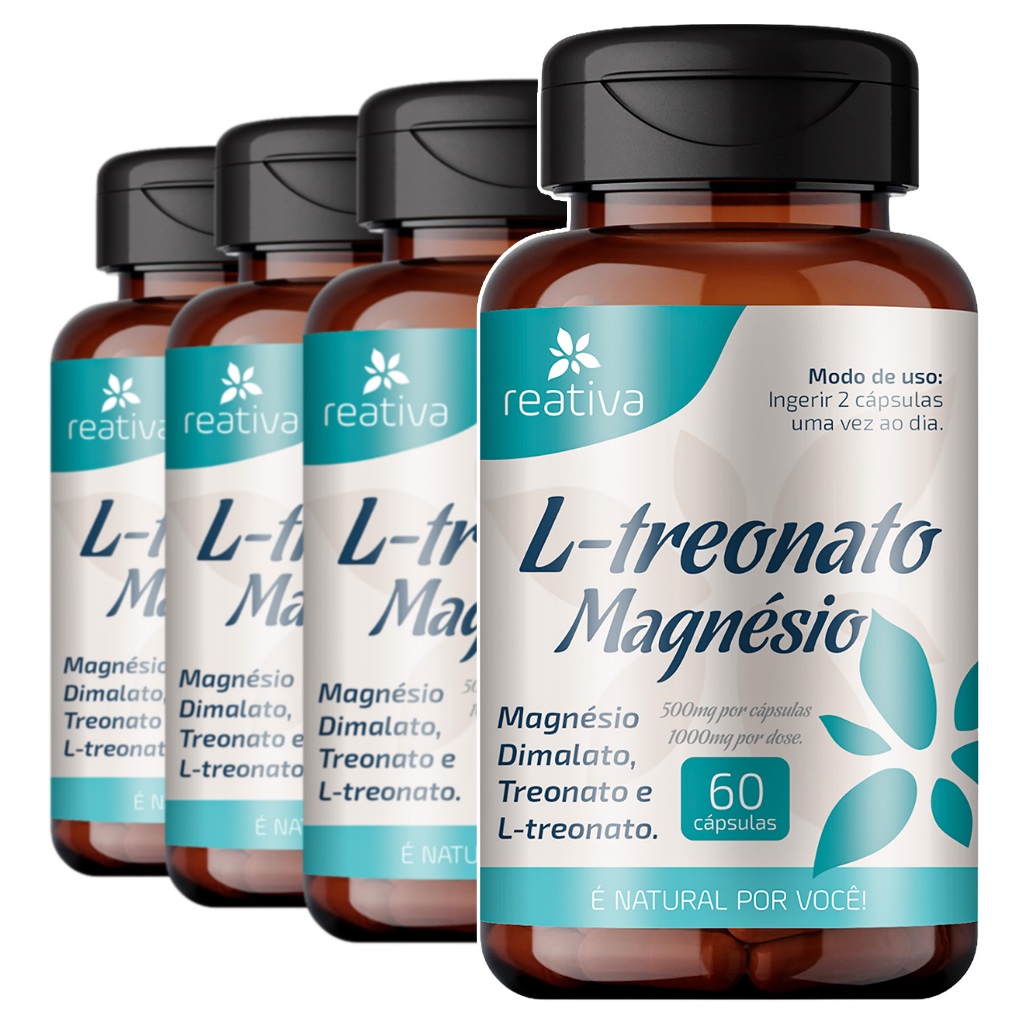 4x Magnesio Treonato c/ Dimalato 350mg L-Treonina 80mg Suporte ao Bem Estar 60caps
