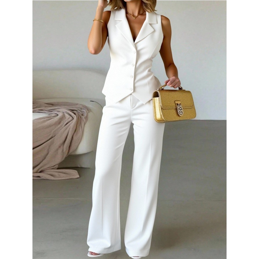 Conjunto colete com gola e calça flare feminina com bolsos laterais social e elegante 1239 em Oferta na Shopee