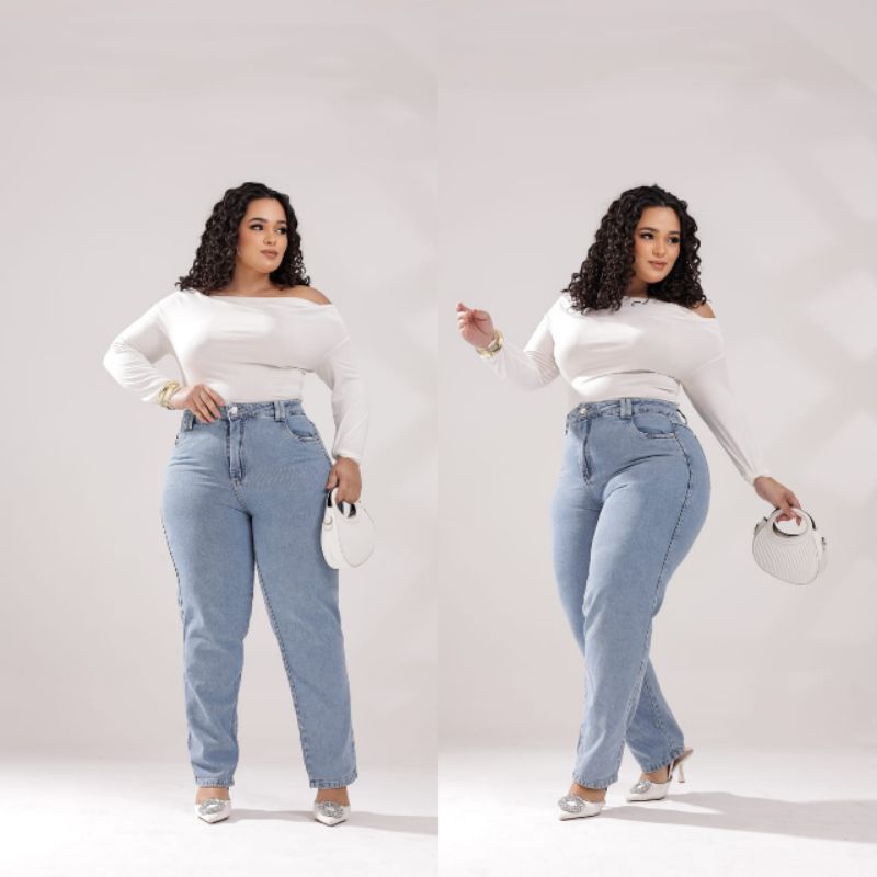 Calça Jeans Feminina Mom Plus Size Premium Moderna Versátil Cintura Alta Levanta Bumbum em Oferta na Shopee