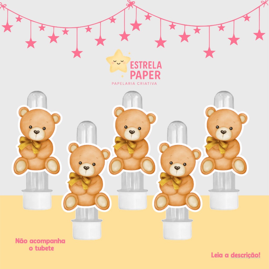 ENVIO RÁPIDO - Kit Apliques para Tubete CHÁ REVELAÇÃO URSINHO NEUTRO Lembrancinha Festa Aniversário
