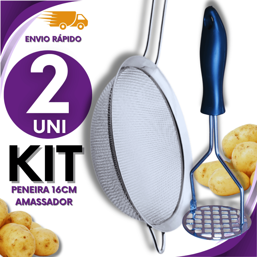 KIT 02 Peças - 1 Peneira Inox para Sucos Confeitaria Cozinha 16cm + 1 Amassador de Batatas Premium Utilidades