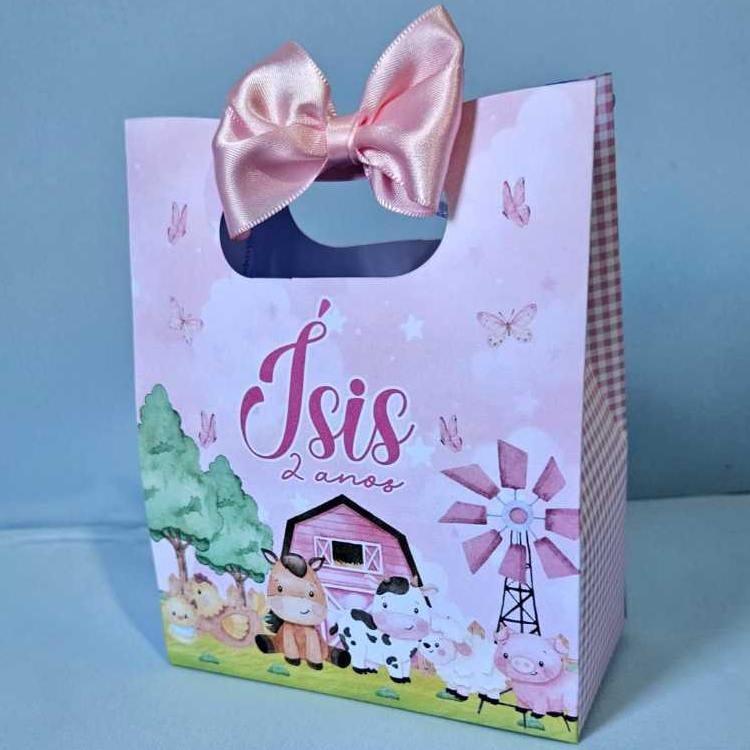 Sacolinha Personalizada Tema Fazendinha Rosa para lembrancinha