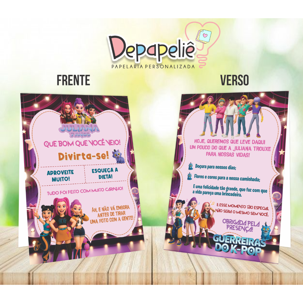 Plaquinha de Mesa Personalizada K-Pop Huntrix - Festa - Aniversário INFANTIL - GUERREIRAS - KPOP - LEMBRANCINHAS