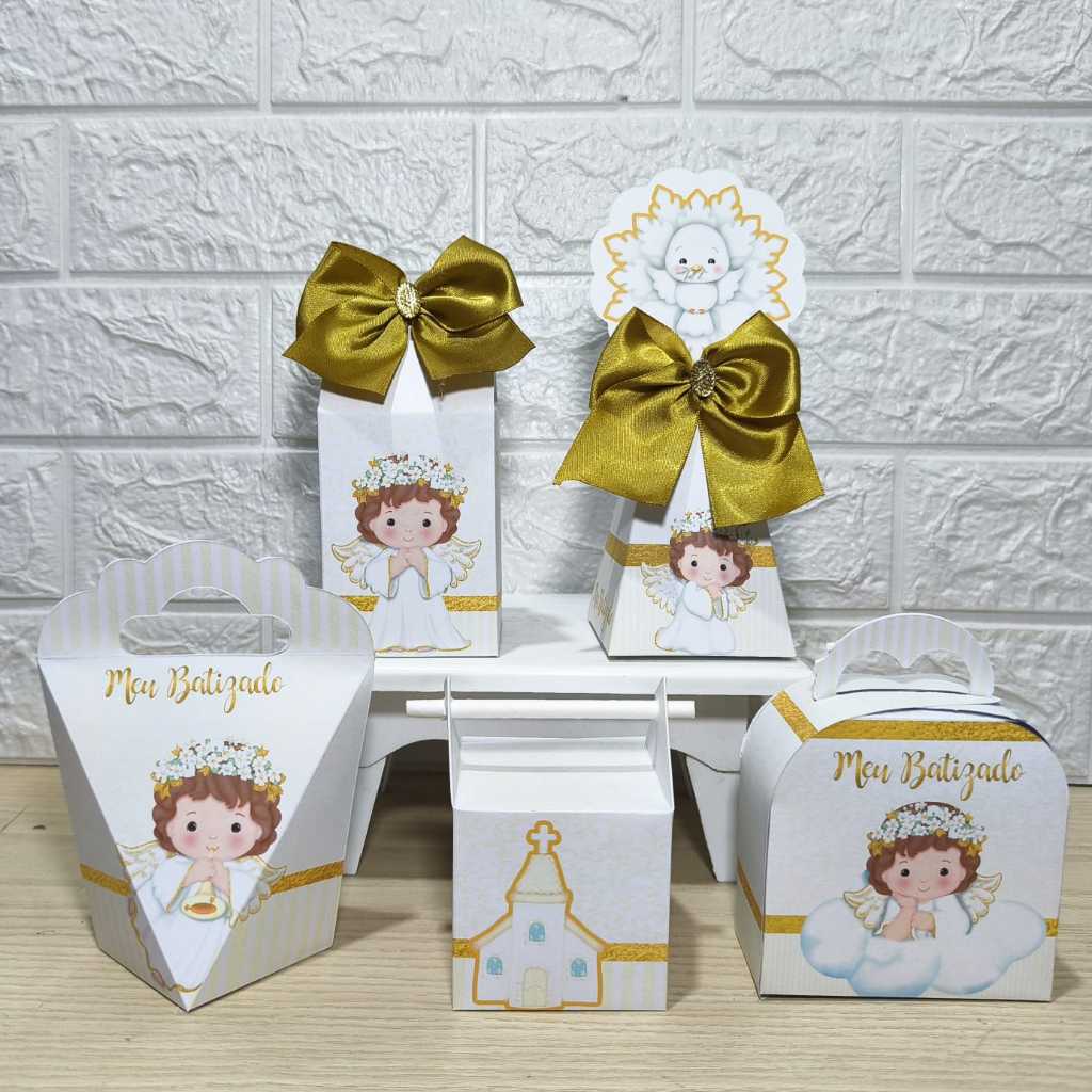Kit Personalizados Caixinhas Batizado Dourado Lembrancinhas Aniversario-festa PEGUE E MONTE