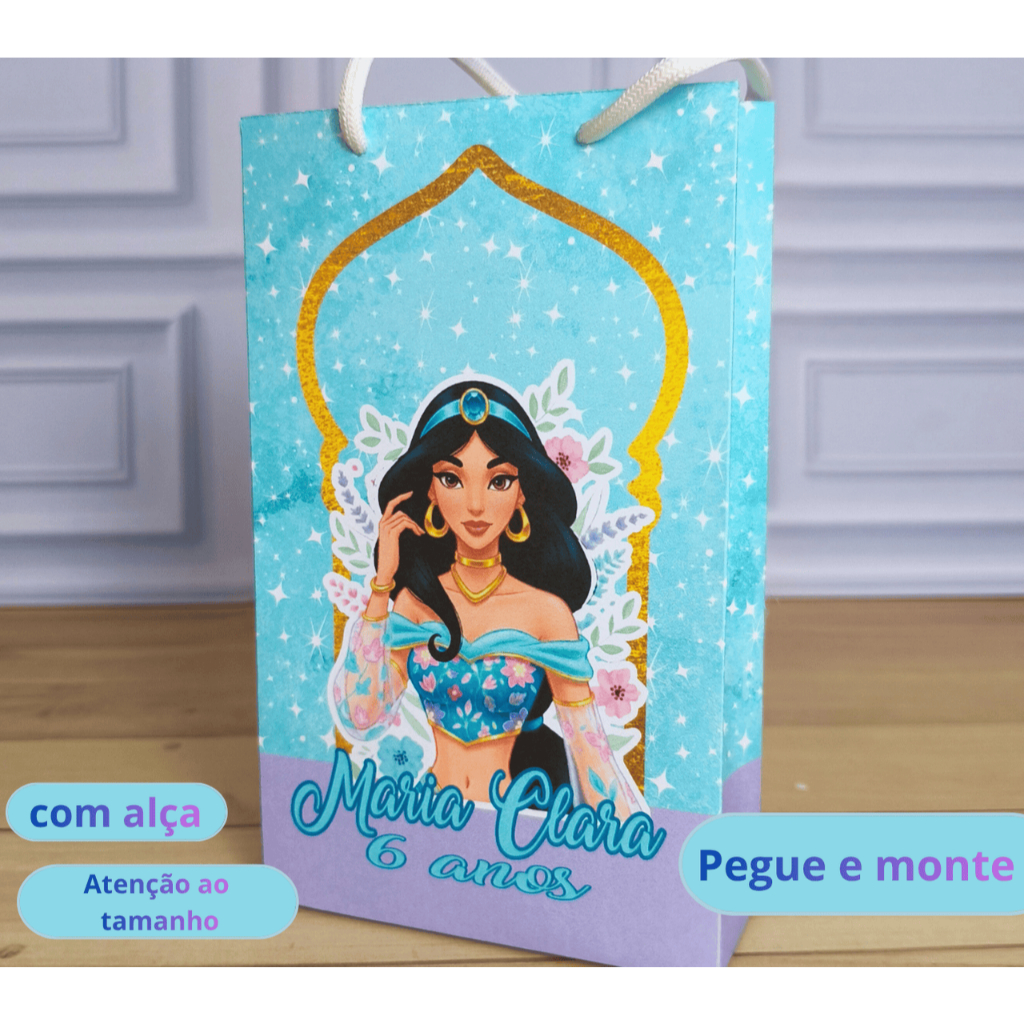 Mini Sacola Surpresa Jasmine Aladdin -  Lembrancinha Personalizada - Festa Infantil - Pegue e Monte