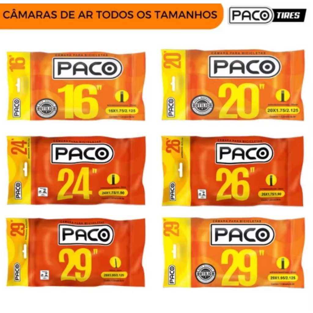 Câmara de ar aro 16, 20, 24, 26, 29 presta (fina) e 29 válvula americana 48 mm (grossa) - Paco