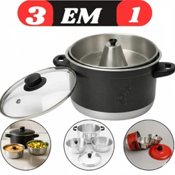 Panela 3 Em 1 MultiUso Tampa de Vidro Forma Pudim Banho Maria cuscuzeira Cozimento Vapor Legumes 3x1