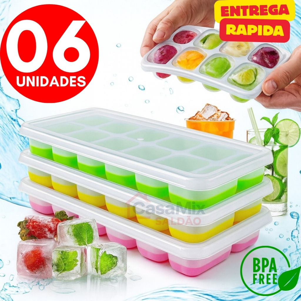Kit 6 4 ou 2 Formas de Gelo Silicone Com Tampa Rígida Flexível Fundo Retangular 14 Cubos Multiuso