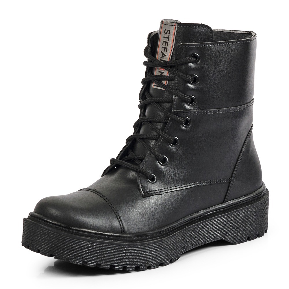 Bota Feminina Tratorada Plataforma Coturno Cano Médio Preto ou Verniz Conforto