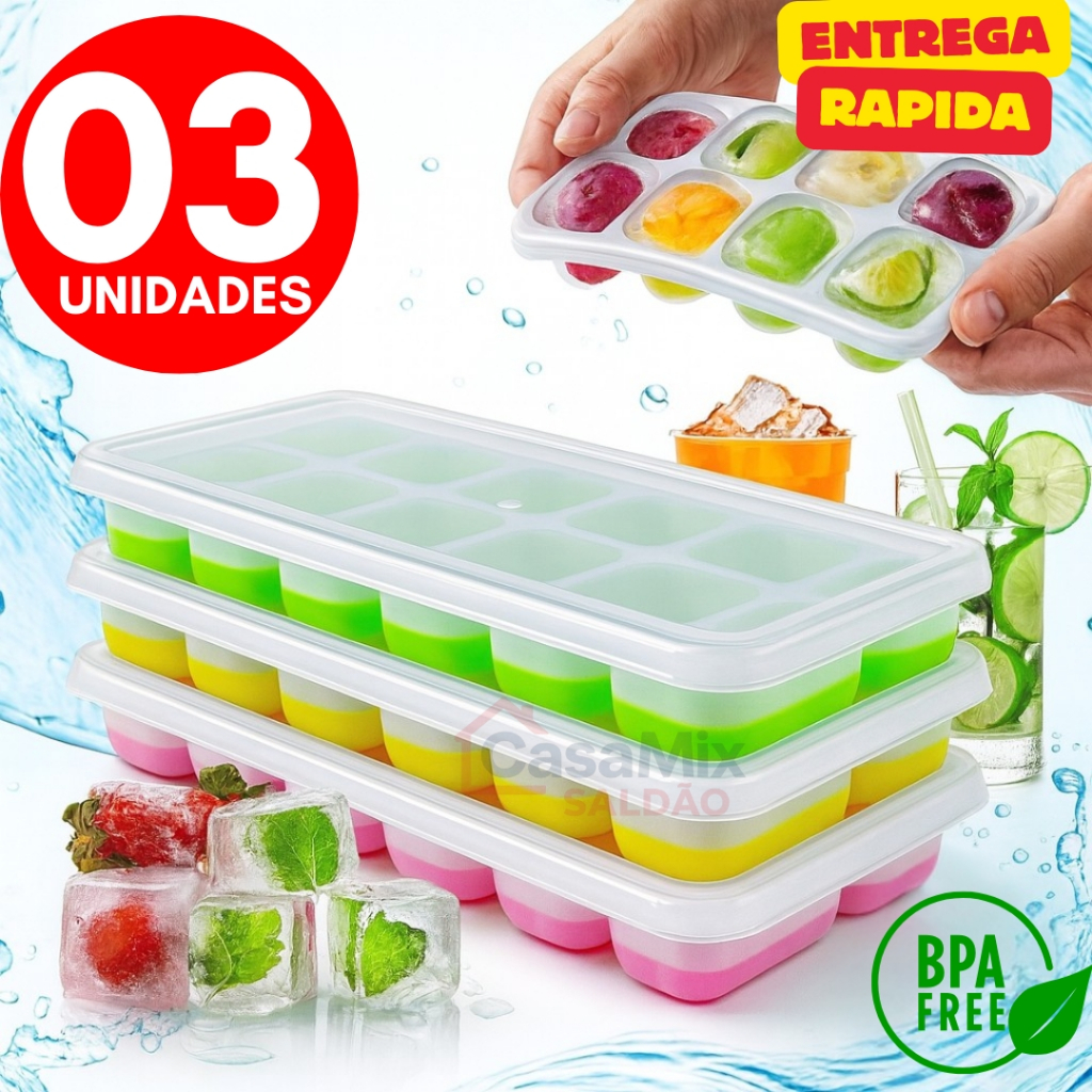 Kit 3 Formas de Gelo Silicone Com Tampa Rígida Flexível Fundo Retangular 14 Cubos Multiuso