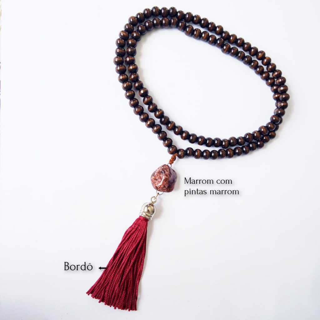 Imagem Japamala 108 Contas Madeira com Meru Pedras Naturais Jaspe Codorna Rosário Budista Meditação Ref:803