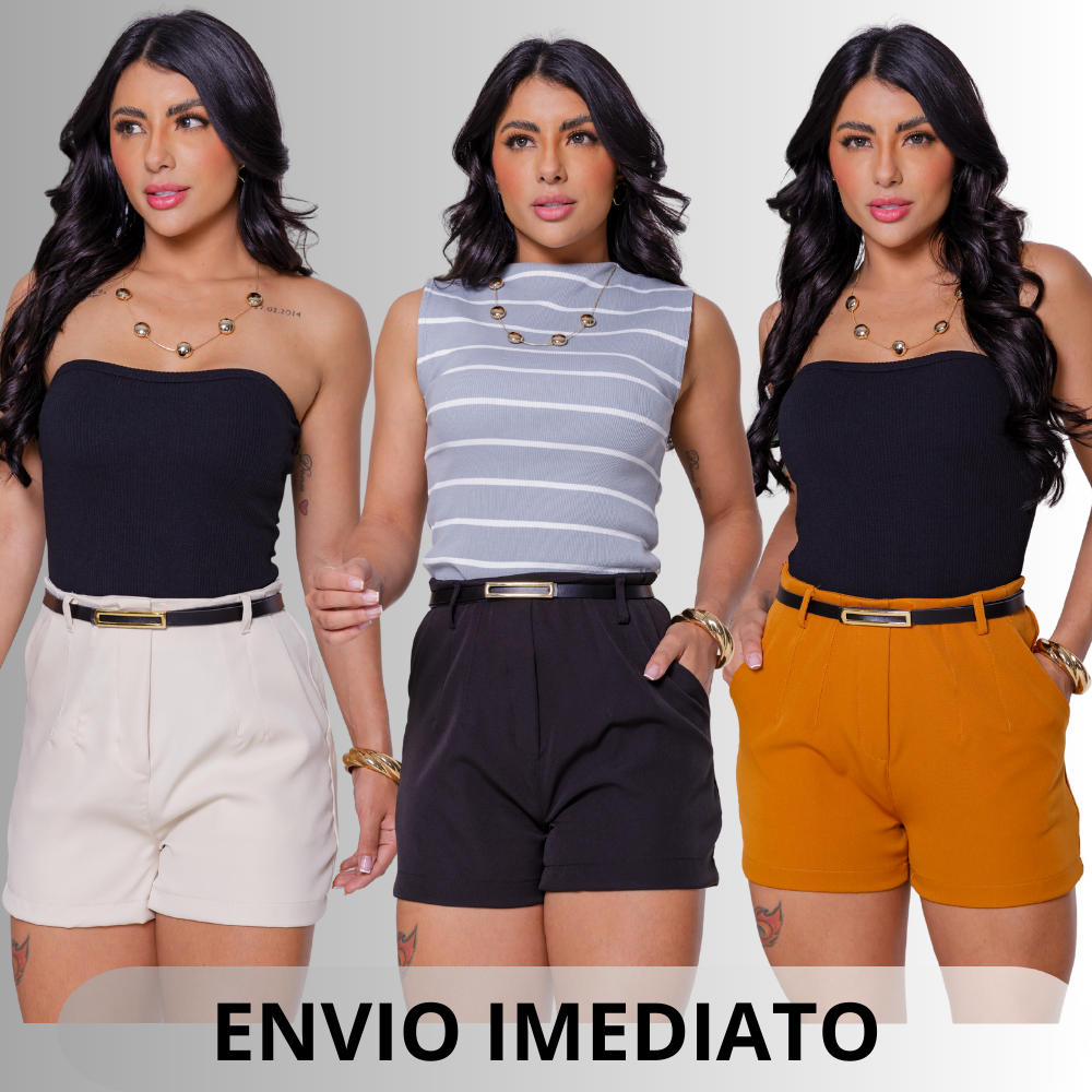 Short Feminino Alfaiataria Social com Cinto Cintura Alta Promoção Barato Shorts Curto