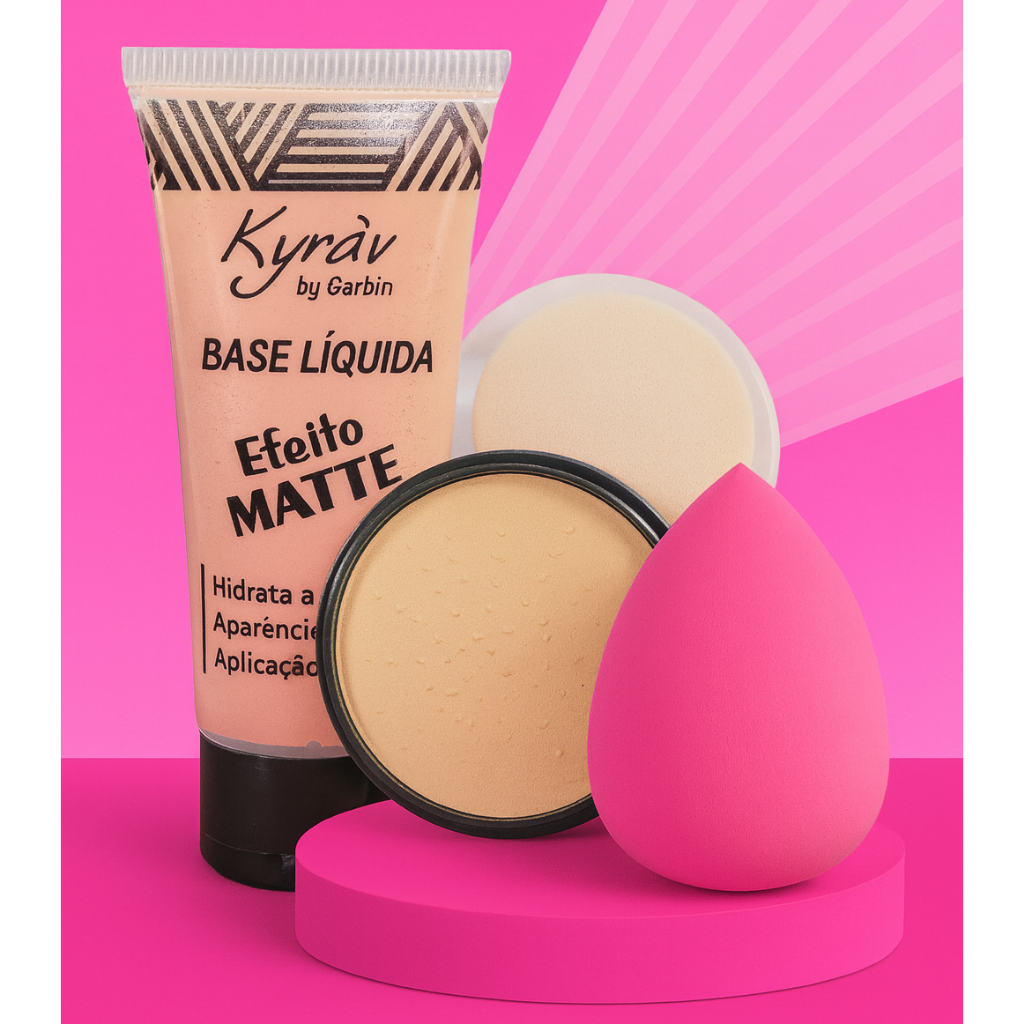 Kit de Maquiagem com Base Matte, Pó Compacto e Esponja 3 itens