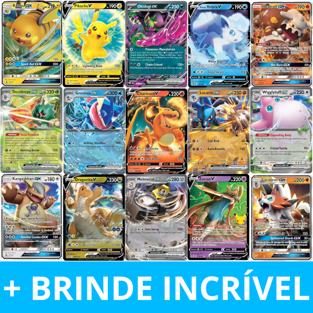 Lote até 100 Cartas Pokémon ORIGINAIS Brilhantes GARANTIDAS + Ultra Raras + Brinde Nenhuma Repetida