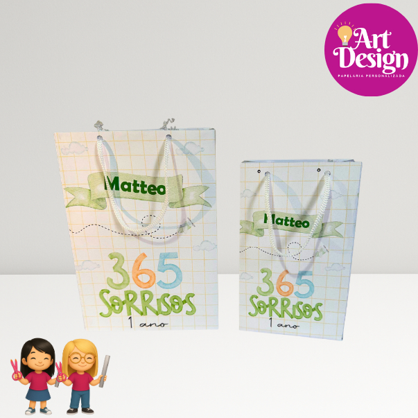 Sacolinha Personalizada Surpresa 365 Sorisos PEGUE E MONTE / Tam P ou M - 1 Ano Lembrancinha Aniversário